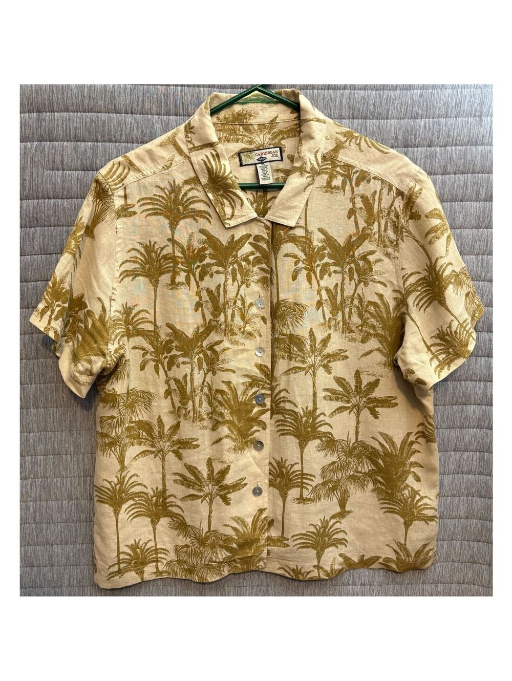 Caribbean Joe Women's XL Beige Palm Tree Short Sleeve Linen Button Up Shirt